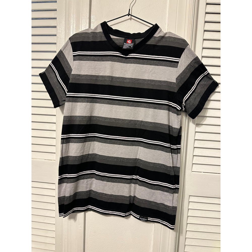 Southpole Mens V-Neck Striped T-Shirt Black Grey White Short Sleeve Small S